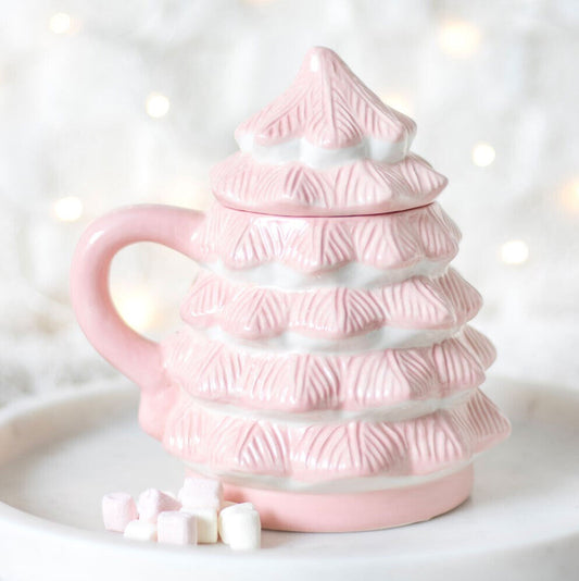 Pink Christmas Tree Shaped Lidded Mug